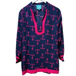 Escapada Tunic Blouse Medium Nautical Anchors Navy Blue Pink Rayon Womens Top